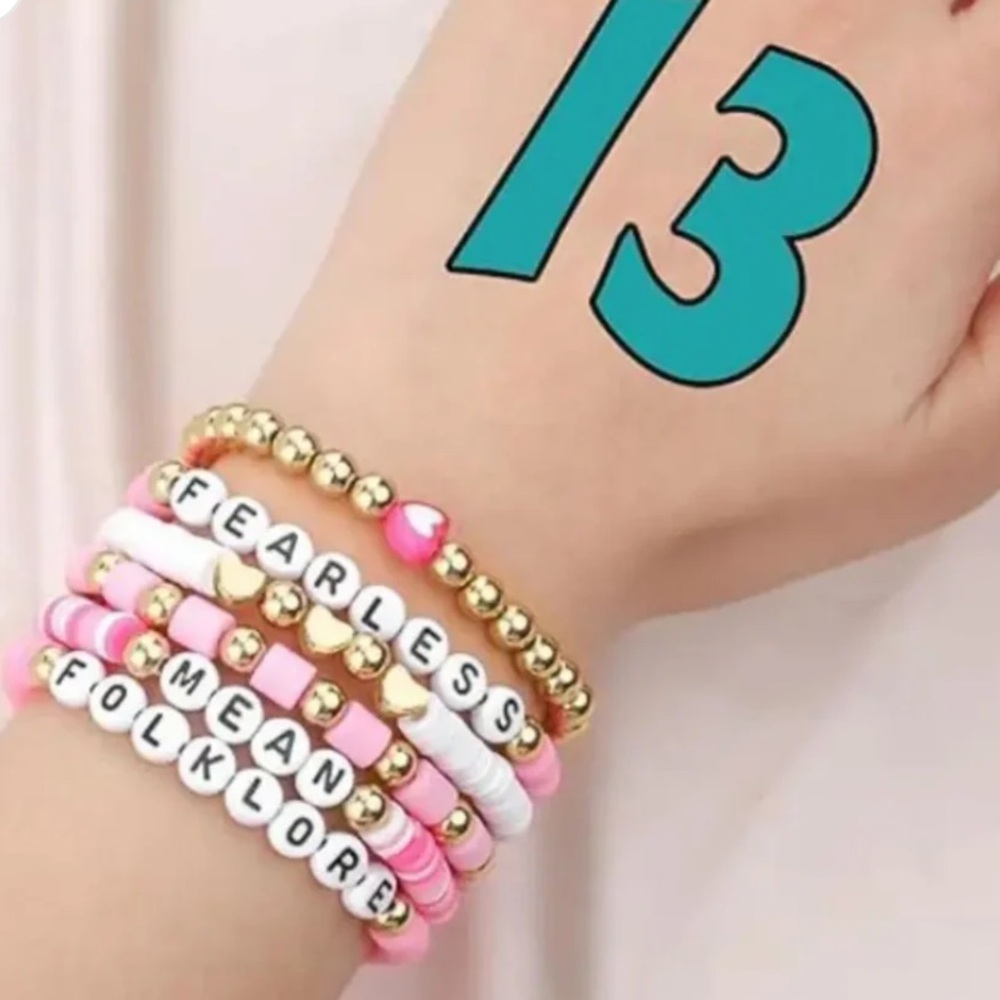 Folklore Pink Friendship Bracelets Set of 6 Elastic Beaded Swiftie Bracelets - Picture 3 of 3
